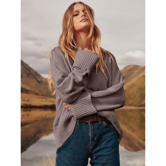 Women's Oversized Sweater Fuzzy Nutmeg Long Sleeve Casual Chunky Pullover - Picture 4 of 9